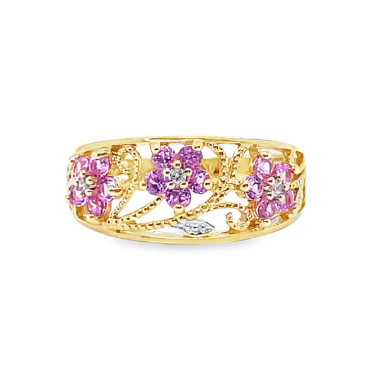 Pink Sapphire & Diamond Filigree Floral Ring