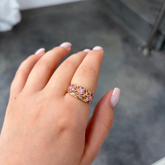 Pink Sapphire & Diamond Filigree Floral Ring