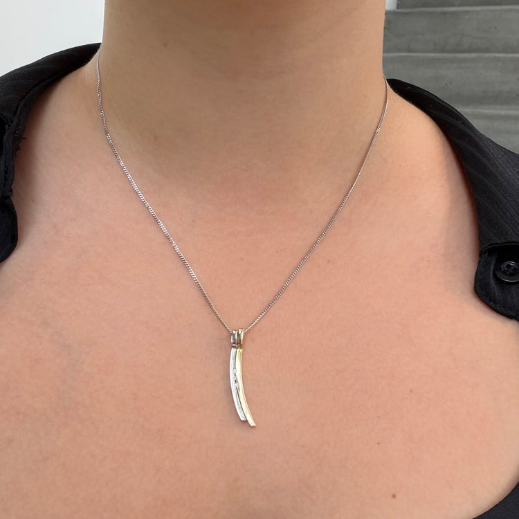 Yellow & White Gold Curved Bar Diamond Necklace