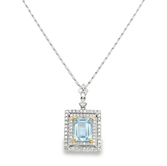 Emerald Cut Aquamarine & Diamond Necklace