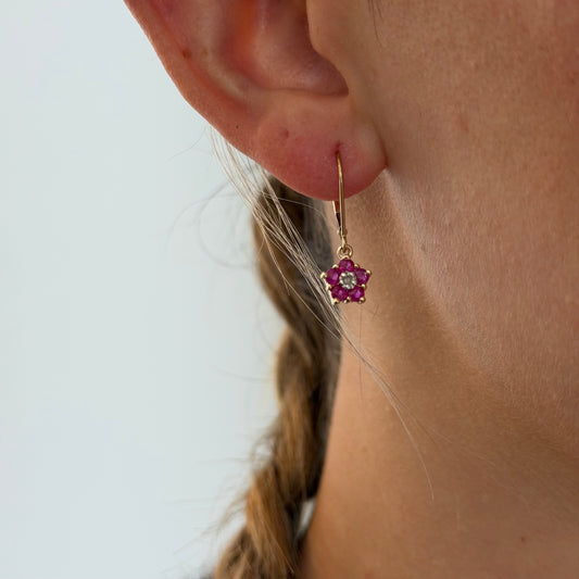 Ruby & Diamond Cluster Flower Earrings