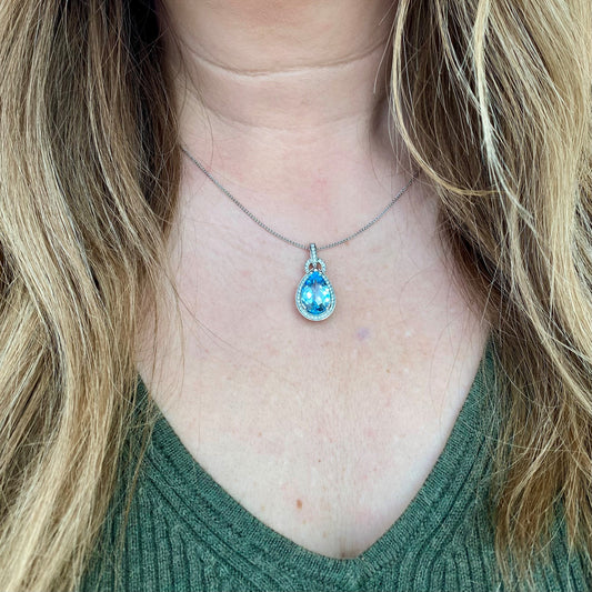 Sky Blue Topaz & Diamond Drop Necklace