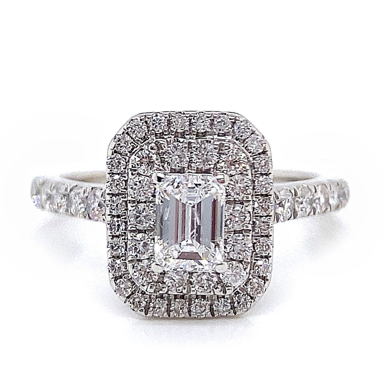 Double Halo Emerald Cut Ring